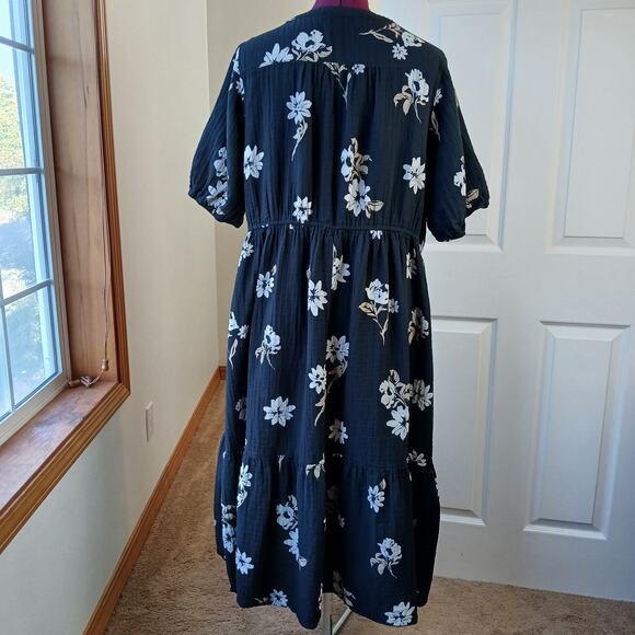 Sonoma Button Thru Femme Midi Dress 1X repaired black tan floral cotton - Picture 3 of 15